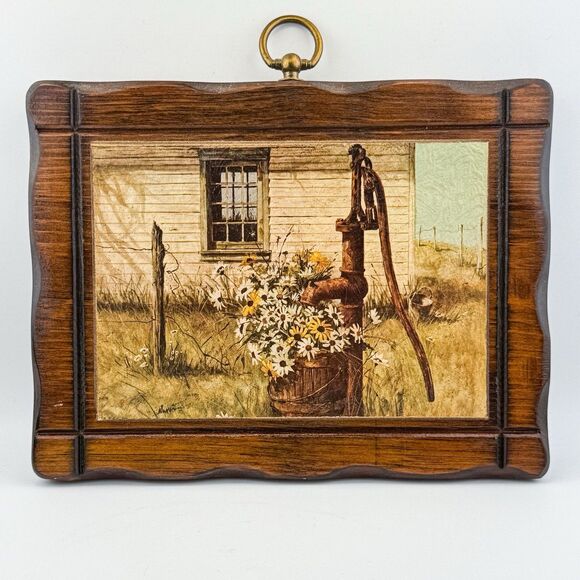 Decor Other - Vintage Rustic Barn Print Daisy Flowers – Wooden Frame Farmhouse MCM Decor